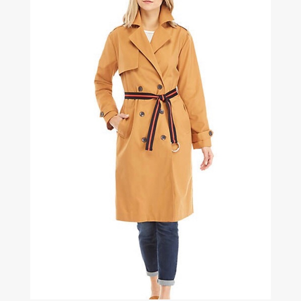 Madison Tan Navy Red Trench With Belt Coat Sz M - Picture 1 of 16